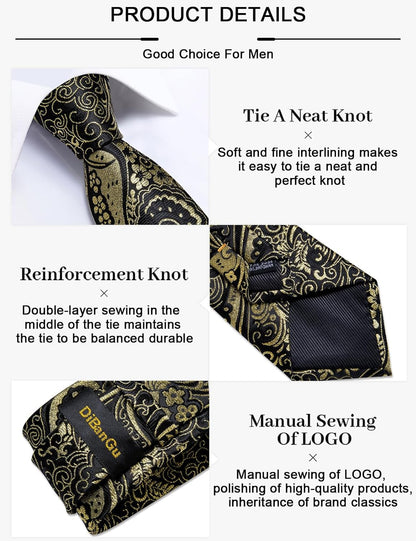 Paisley Ties for Men Silk Necktie and Pocket Square Cufflinks Tie Clip Set Woven Classic Mens Tie for Wedding Party