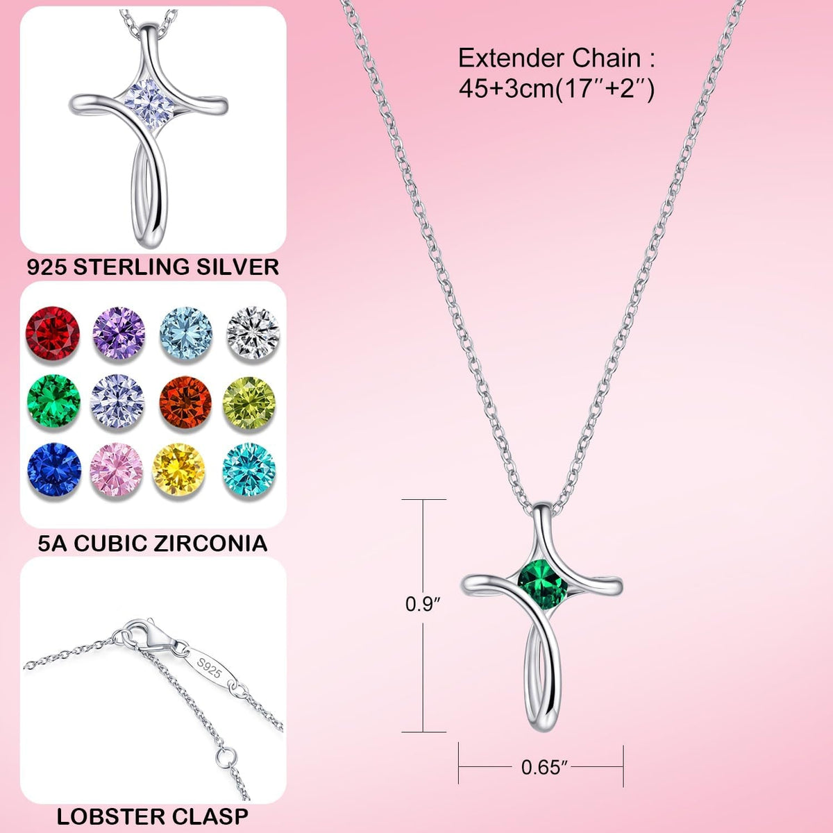 Cross Necklace for Women, 925 Sterling Silver Birthstone Necklace for Women with Diamond Sideways Cross Necklace Birthstone Jewelry Birthday Gifts for Women