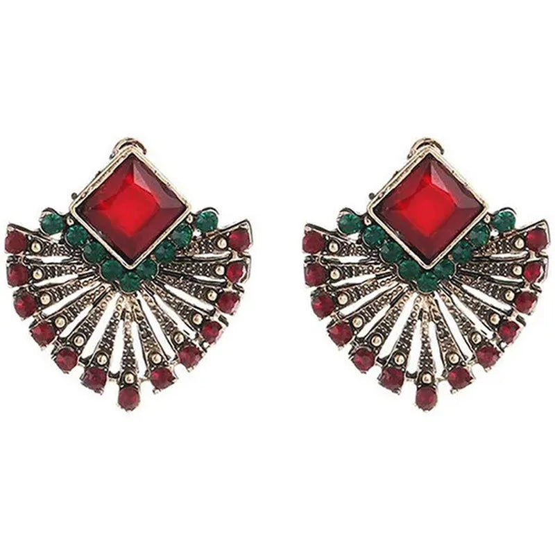 Picture Color European and American Hot Style Retro Bohemian Ethnic Style Ruby Earrings Fan-Shaped Crystal Stud Earrings