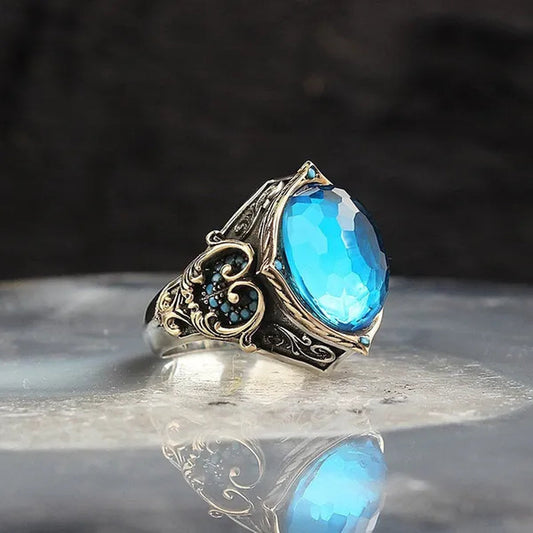 Crystal Cut Blue Topaz Stone 925 Sterling Silver Men Ring Fine Jewelry Fashion Rings For Men Gift For Him