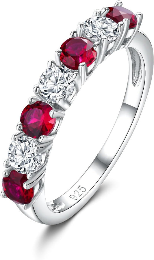 925 Sterling Silver Birthstone Rings for Women White Sapphire Created Gemstone Wedding Band Stackable Half Eternity 7 Stone Anniversary Ring Wife Mom Grandma Birthday Jewelry Size 6-10