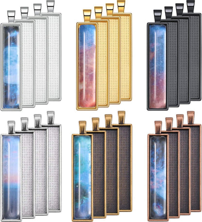 48 Pieces 6 Colors Pendant Tray Rectangle Bezel Blanks Set Include 24 Rectangle Pendant Trays with 24 Clear Glass Cabochon Domes for DIY Resin Craft Photo Necklace Jewelry Making