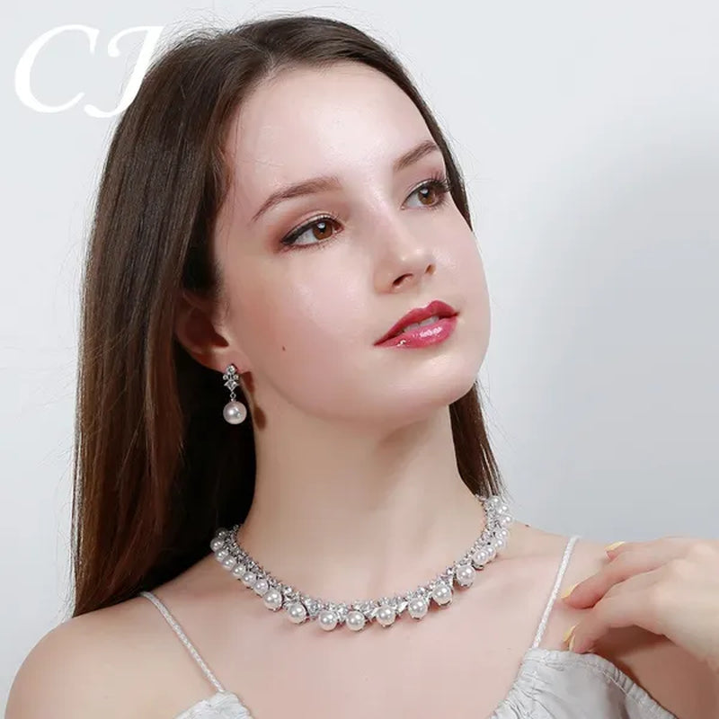 CANDICE High Quality White Gold Plating Square CZ Stone With White Pearl Luxurious Bridal Jewelry Wedding Choker Necklace and Drop Earrings Sets for Brides Dress Accessories