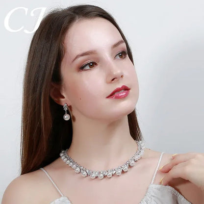 CANDICE High Quality White Gold Plating Square CZ Stone With White Pearl Luxurious Bridal Jewelry Wedding Choker Necklace and Drop Earrings Sets for Brides Dress Accessories