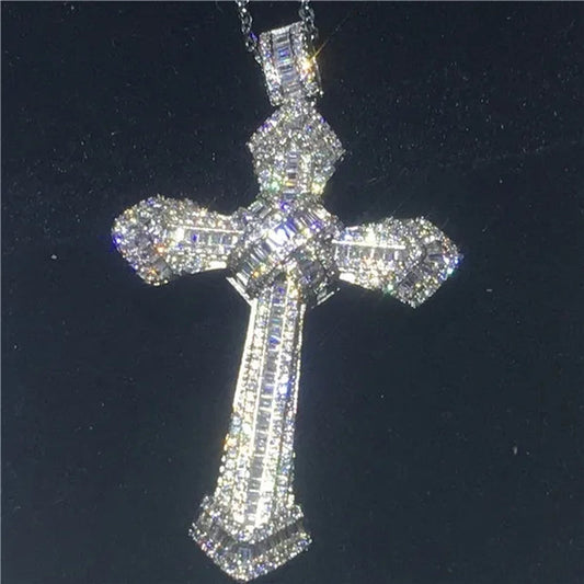 Luxury Big Cross Pendants 5A Zircon Cz Diamond Silver Wedding Pendant with Necklace for Women Men Jewelry