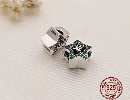 Europen S925 Sterling Silver with Green Zircon Five Pointed Star Forest Flower Fairy Charm Fit Bracelet DIY