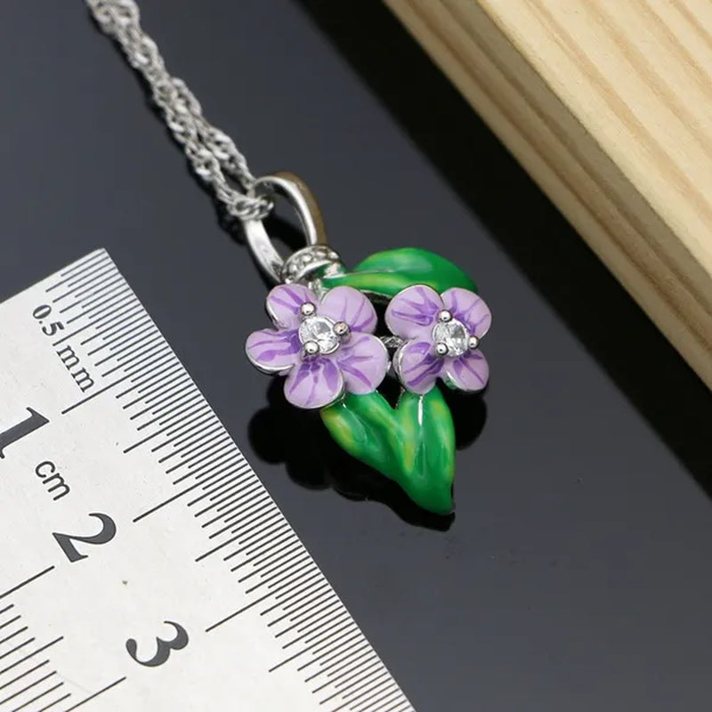 Purple Enamel Jewelry Sets Flower Green Leaves 925 Silver Jewelry Earrings Ppendant Ring for Women