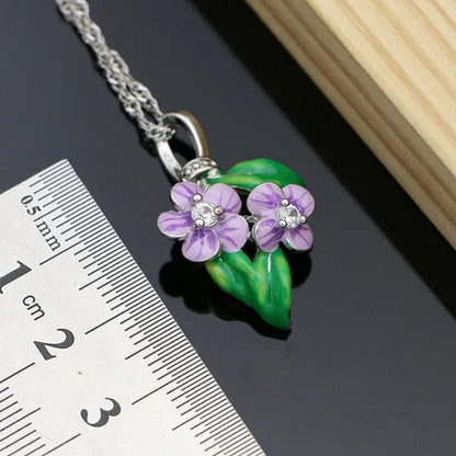 Purple Enamel Jewelry Sets Flower Green Leaves 925 Silver Jewelry Earrings Ppendant Ring for Women