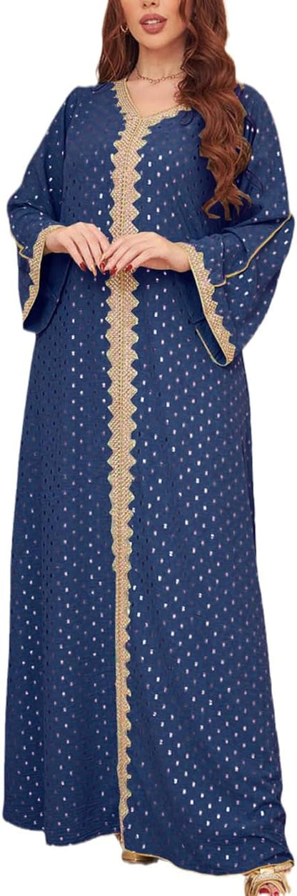 Womens Muslim Abaya Dress One-Piece V Neck Bronzing Dress Islamic Full Length Kaftan Daily Casual Dress
