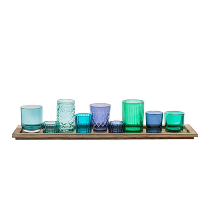 Blue and Green Glass Candle Holders on a Wood Tray (Set of 9)