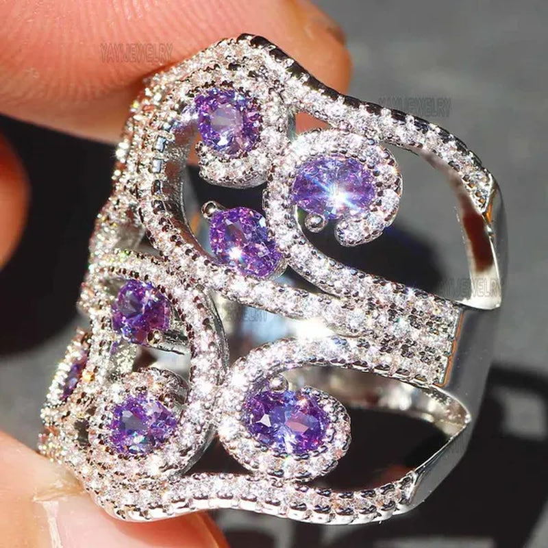 Silver White Sapphire & Tanzanite Birthstone Gemstones Engagement Wedding Anniversary Heart Ring