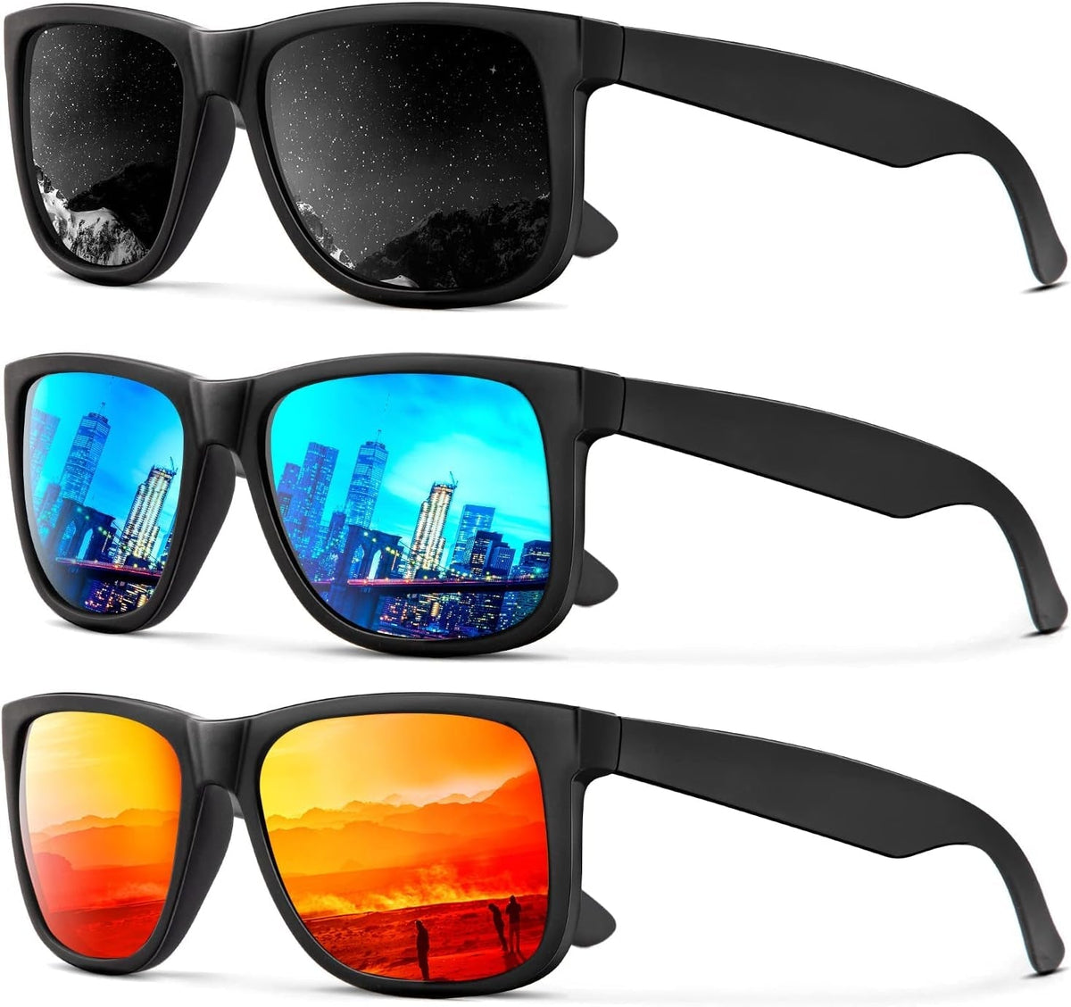 Sunglasses Men Polarized Sun glasses for Mens Womens Classic Matte Black Frame UV Protection 3pack