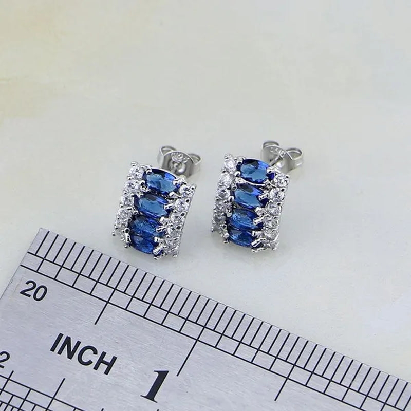 Blue Sapphire White Topaz 925 Silver Jewelry Sets For Women Earrings Pendant Necklace Rings Bracelets 4PCS