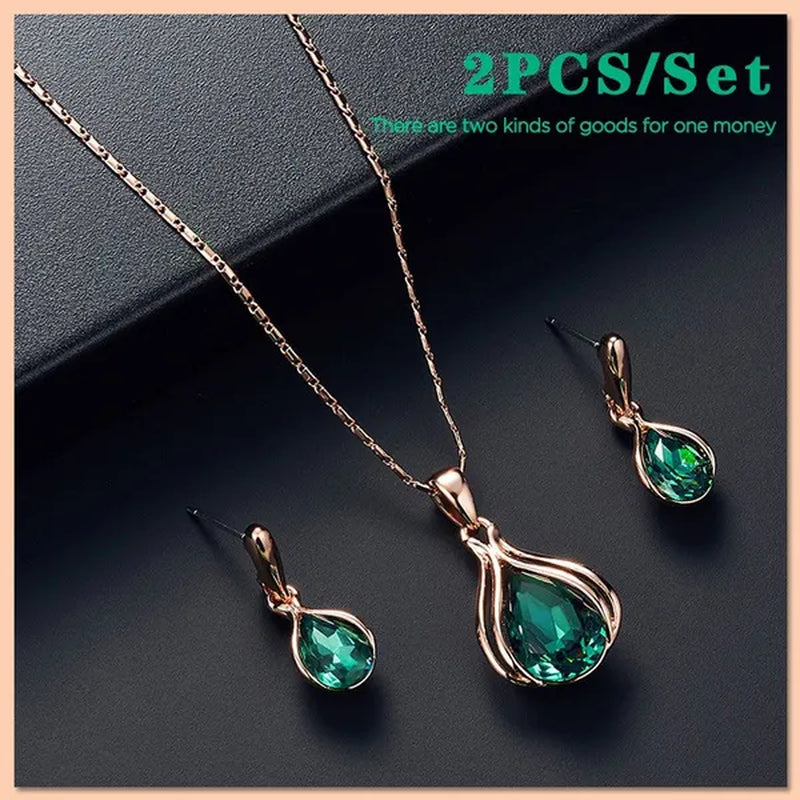 3PCS / Set New Luxury Design Luxury Wedding Pendant Earrings Rose Gold Green Blue Gem Necklace Earring Crystal Pendant Set Jewellery Set