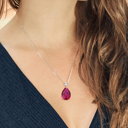 18K Rose Gold Plated Silver Pear Shape Red Created Ruby Pendant Necklace for Women 13.77 Cttw, with 18 Inch Chain)