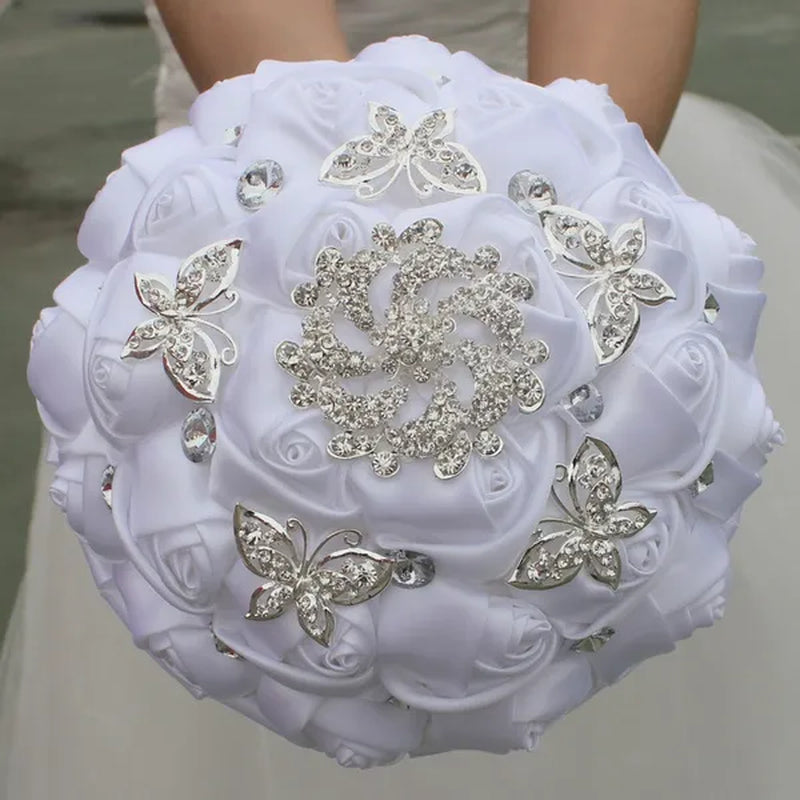 18CM White  Bride Holding Flowers Butterfly Flower Diamond Brooch Wedding Bouquet Bridal Mariage Stitch Wedding Bouquet Ribbon Bridesmaid Bouquet