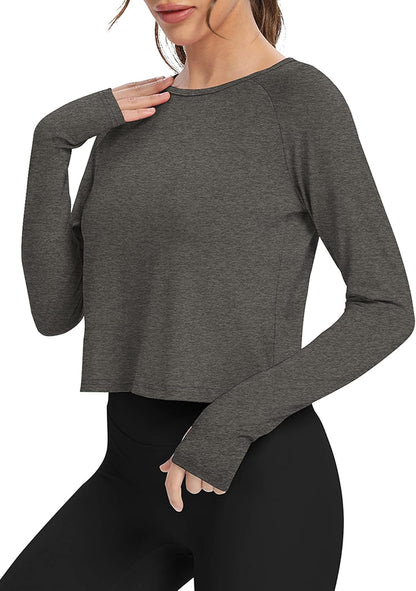 Long Sleeve Athletic Workout Shirts Sports Yoga Gym Crop Tops for Women