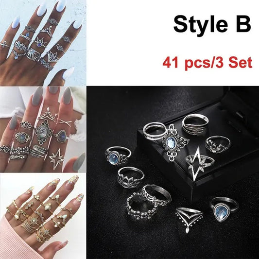 43 Pcs/3 Set Best Selling English Virgin Mary Diamond Simple Pattern Joint Ring Set Small Flower Leaf Rings For Women