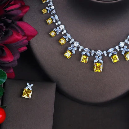 CANDICE Brilliant Princess Cut Yellow Women Jewelry Sets With Clear CZ Elegant White Gold Plated Drop Earrings Necklace Set for Bridal Wedding Dress Accessories