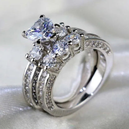 2020 Romantic Couple Jewelry Men's 316 Stainless Steel Double Row Zircon Ring And Ladies Heart Ring Set Couple Ring Bride Wedding Engagement Jewelry(Include: man ring or woman ring)