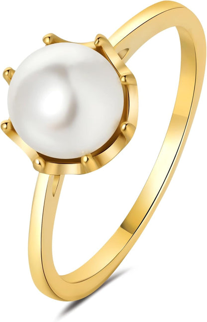 Pearl Ring for Women, 18K Gold Plated Womens Gold Rings for Bride Wedding Engagement Band Birthday Gold Rings Size 5 to 9