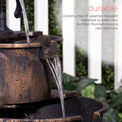 27 In. Tall 2-Tier Barrel and Pump Waterfall Fountain, Bronze Finish