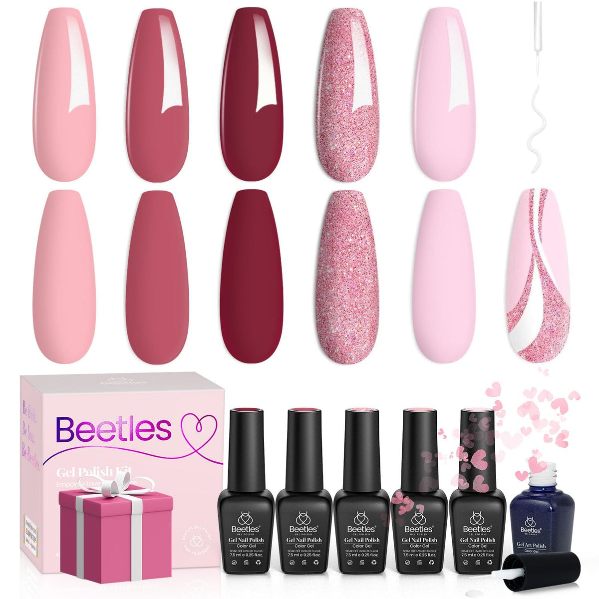 Beetles Gel Nail Polish Set, 6 Retro Colors Old School Collection Soak Off UV Gel Polish Red Yellow Blue Orange Green Gel Polish Nail Art Design Spring Manicure Kit Salon DIY Gifts for Women Girls