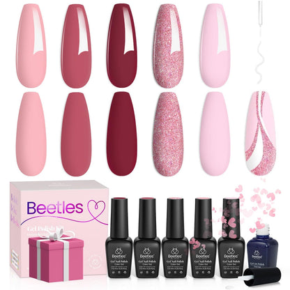 Beetles Gel Nail Polish Set, 6 Retro Colors Old School Collection Soak Off UV Gel Polish Red Yellow Blue Orange Green Gel Polish Nail Art Design Spring Manicure Kit Salon DIY Gifts for Women Girls