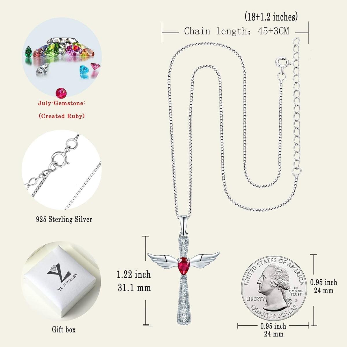 Cross Necklace 925 Sterling Silver Angel Wings Pendant Teardrop Birthstone Criss Jewelry for Women