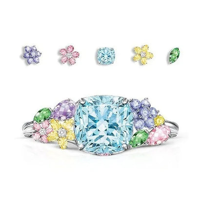 Unique Flower  Silver Multicolor Gemstone Aquamarine Square Princess Ring Woman Engagement Ring Anniversary Statement Natural Gemstones Pink Sapphire Ring