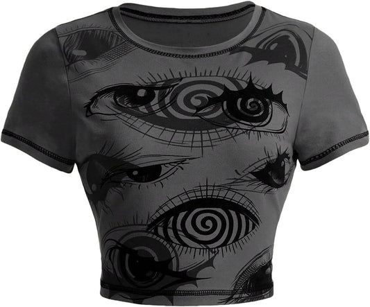 Women'S Y2K Goth Tops Graphic Vintage Eye Print Crop Tops Short Sleeve Summer Going Out Tees T Shirts