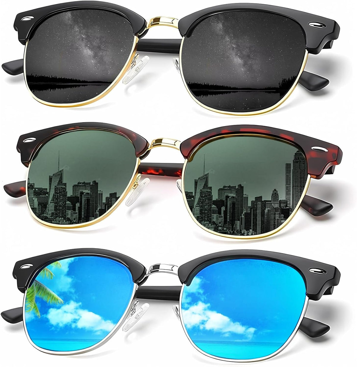 Sunglasses Men Polarized Sunglasses for Men Women Unisex Semi-Rimless Frame Retro Driving Sun Glasses UV Blocking