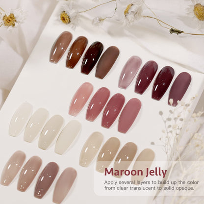 Jelly Milky White Gel Nail Polish Set, 6 Translucent Sheer Maroon UV Colors for Art Home DIY Manicure Kit