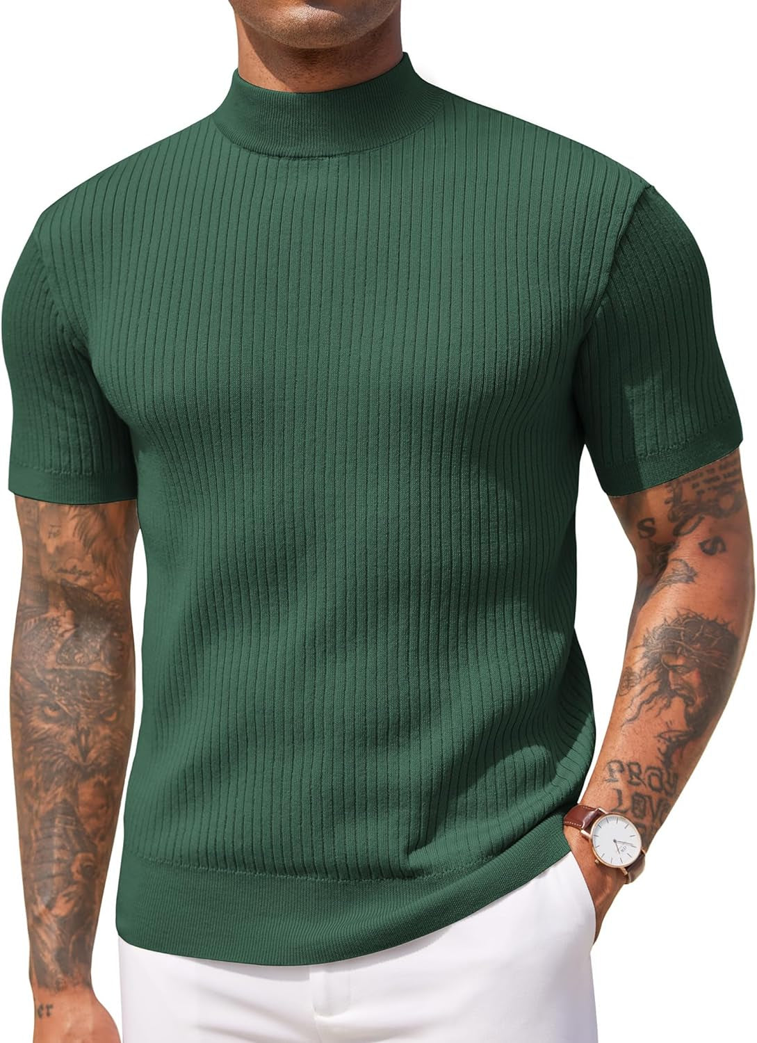 Men's Mock Turtleneck Sweater Short Sleeve Casual Basic Pullover Sweater Ribbed Knit Pullover Solid Tee