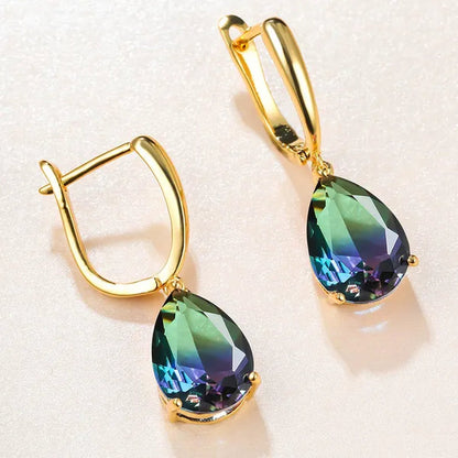 Delicate 18K Gold Waterdrop Cut Aquamarine&Green Purple Bi-colored Tourmaline Gemstone Drop Hook Earrings Bride Engagement Jewelry