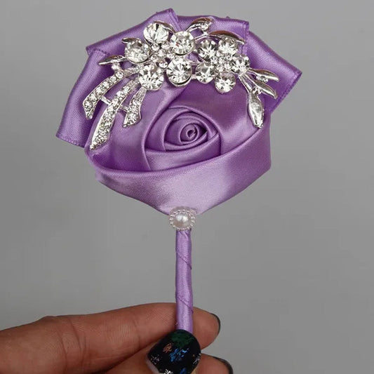 Color Choose 10pcs Handmade Pure Color Flower Brooch Bouquet Corsage Diamond Rose Accessories for Wedding Bride Groom
