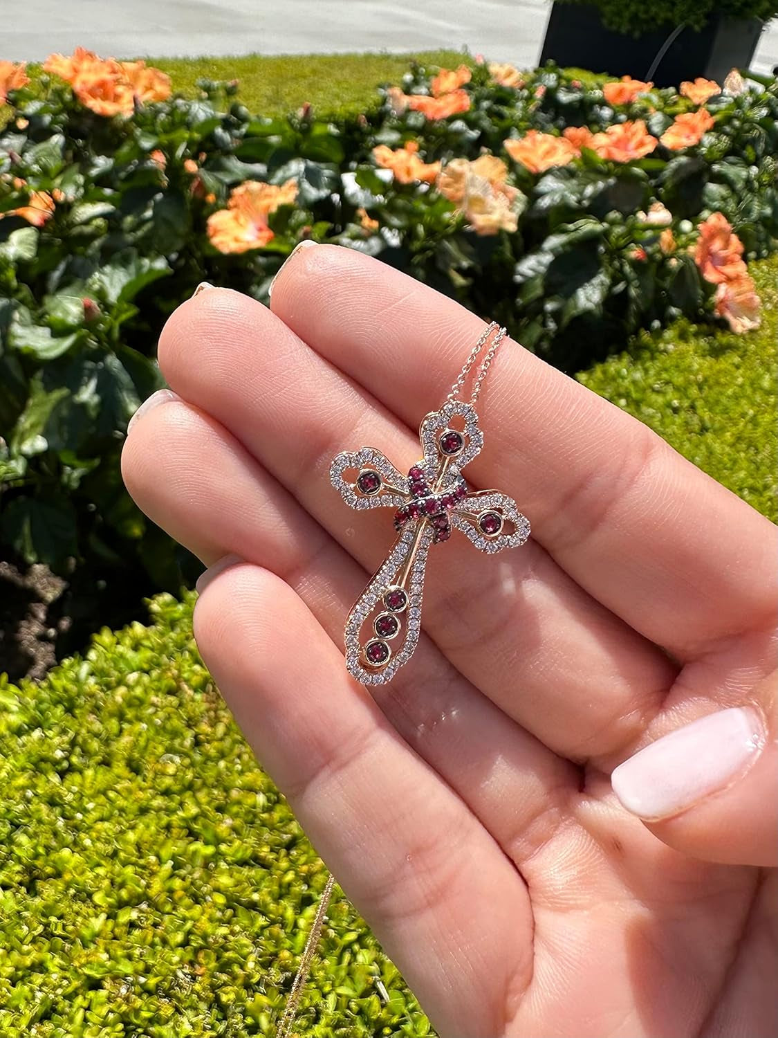 1/2 Carat Diamond and 1/4 Carat Red Ruby Cross Pendant Necklace for Women in 14K Rose Gold (G-H, VS2-SI1, Cttw) on 20 Inch Long Chain with Lobster Claw Clasp