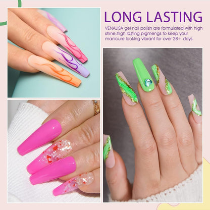 VENALISA Neon Gel Nail Polish Set- 6 Colors Gel Polish Hot Pink Bright Orange Neon Yellow Green Purple Red Gel Polish Kit, DIY Art Home Salon Gifts for Girls