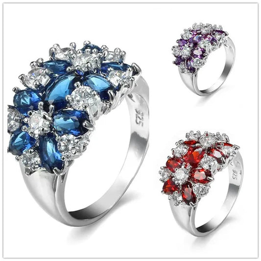 Fashion women 925 sterling  silver sapphire & white topaz gemstones Rings Size 6 7 8 9 10