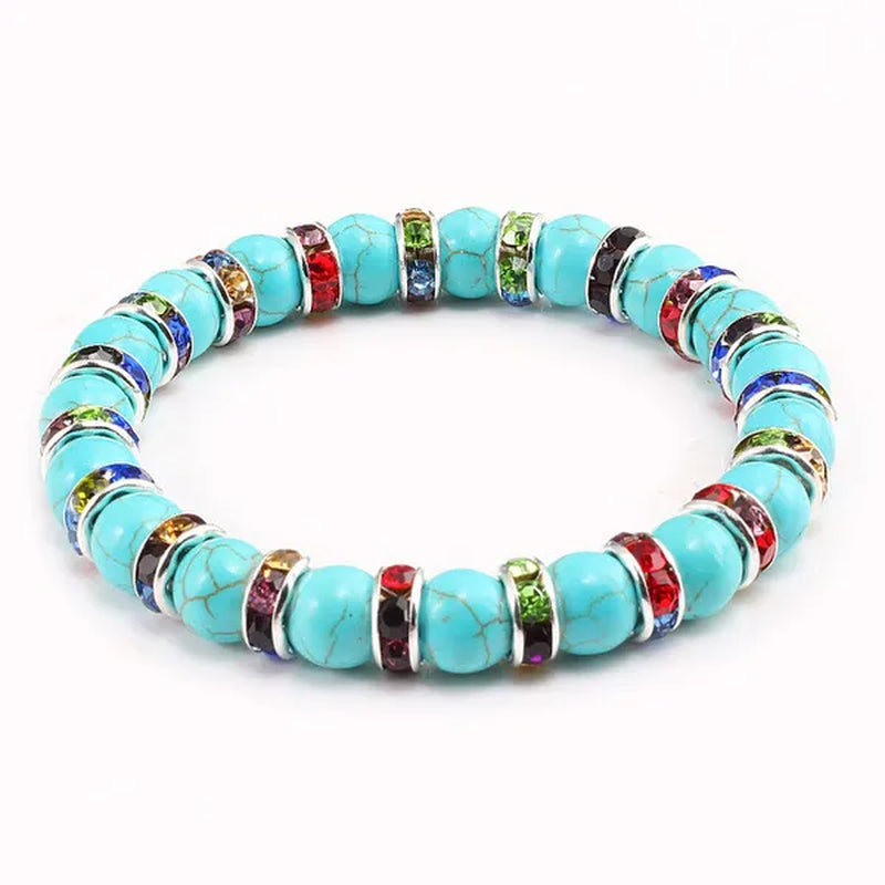 Blue turquoise and green point hand natural Vintage bracelet rhinestone rope men's and women's elastic casual bracelet prayer yoga pendant jewelry