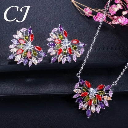 CANDICE New Fashion Women Heart Pendant Jewelry Set Pave Purple Red Green Marquise Cubic Zirconia Party Chain Necklace Big Stud Earrings Sets for Girls Gift
