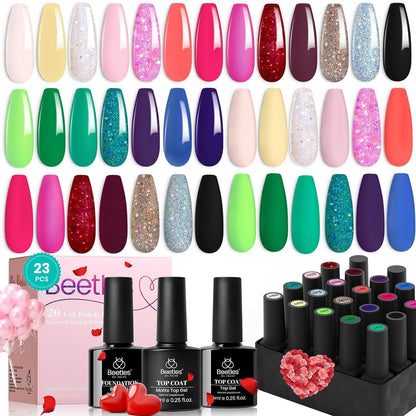 Beetles 23Pcs Gel Nail Polish Kit with Glossy Matte Top Coat and Base Coat Girls Night Collection White Nude Gray Glitters Gel Nail Polish Set U V Soak Off Holiday Manicure for Women Girls
