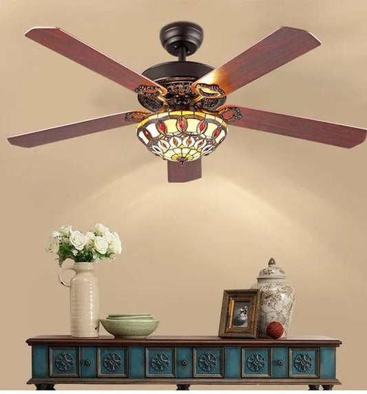 52" Ceiling Fan with Light, Tiffany Style Retro Stained Glass Chandelier Fan with Remote Control 4 Reversible Wood Blades 3-Speed