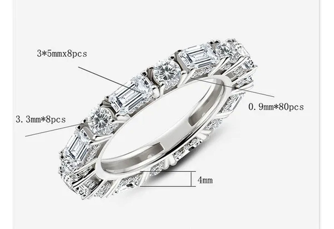Eternity Ring 18k White Gold Plating Sterling Silver Round & Emerald Cut Ethical Lab-grown Diamond Band Stackable Ring Multi-stone Ring