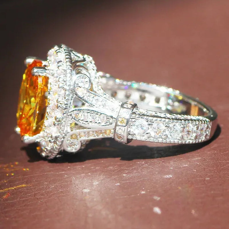 Luxurious  Silver Natural Gemstones Yellow Diamond Topaz Wedding Birthstone Bride Flower Engagement Ellipse Ring Jewelry Size 678910