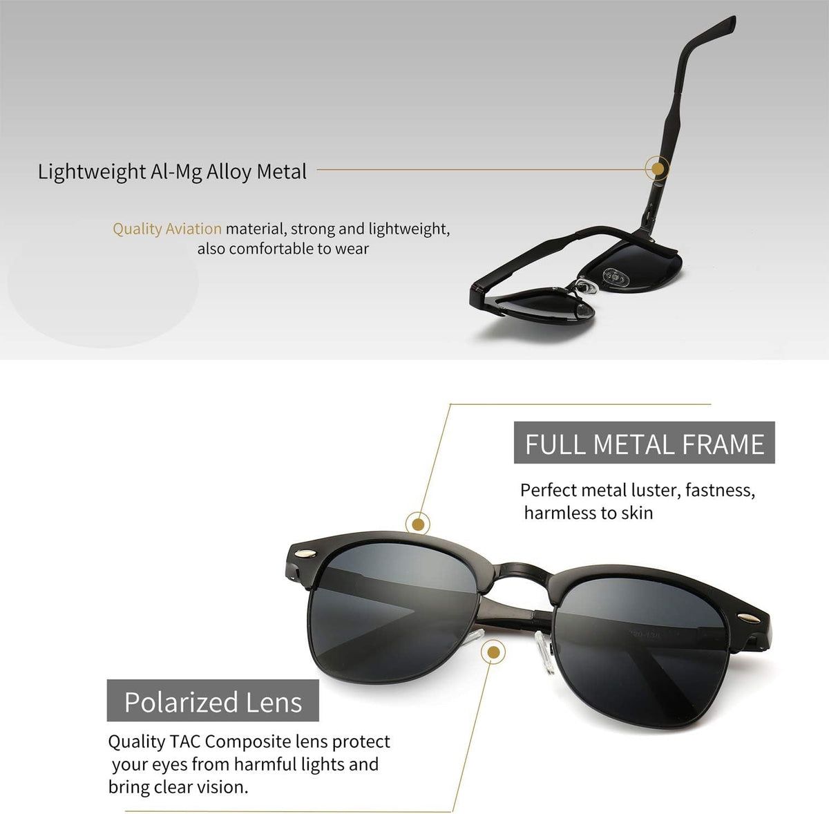 Polarized Sunglasses for Men and Women, Classic Half-Frame Retro Shades for Driving, Travel, and Outdoor Activities