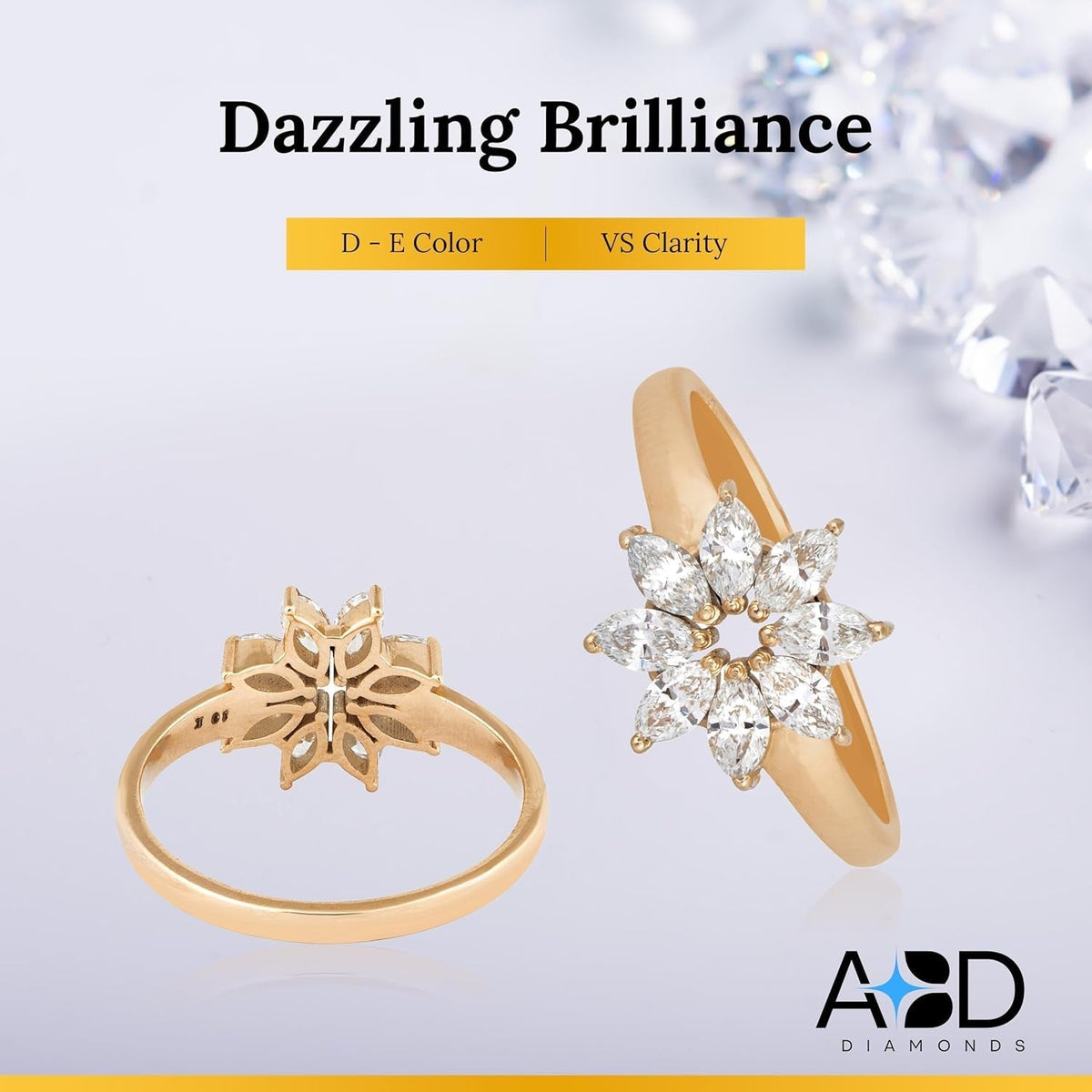 10KT Yellow Gold Marquise Flower Lab-Grown Diamond Ring for Women, Fine Diamond Jewelry, Engagement, Gifts for Her, D,E Color, VS Clarity, 0.6 Carats