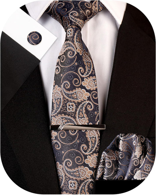 Men'S Paisley Necktie and Pocket Square Cufflink Tie Clip Set Slim Ties Gift for Men