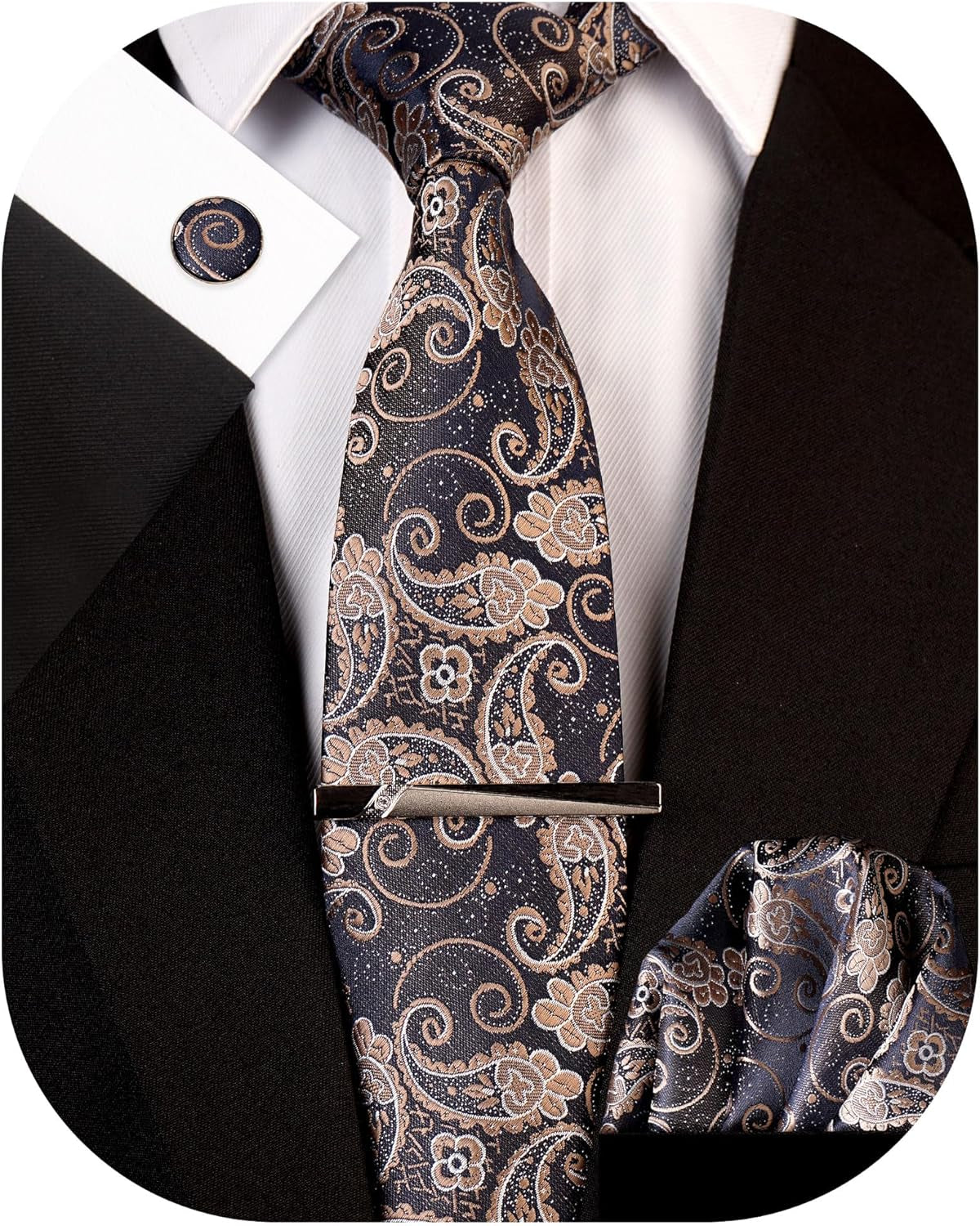 Men'S Paisley Necktie and Pocket Square Cufflink Tie Clip Set Slim Ties Gift for Men
