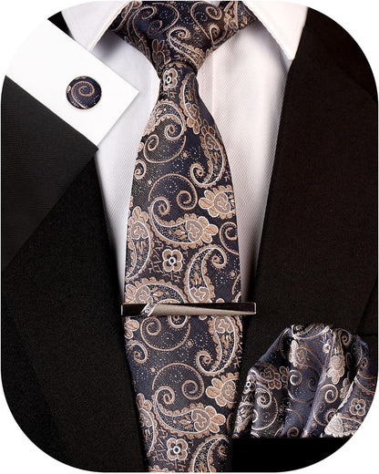 Men'S Paisley Necktie and Pocket Square Cufflink Tie Clip Set Slim Ties Gift for Men